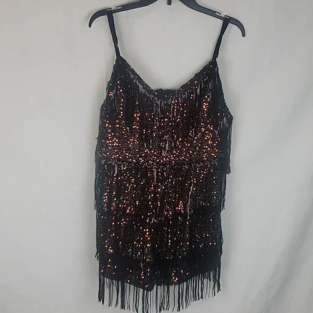 Double Crazy 3XL Copper & Green Sequin Black Tassel Bodysuit